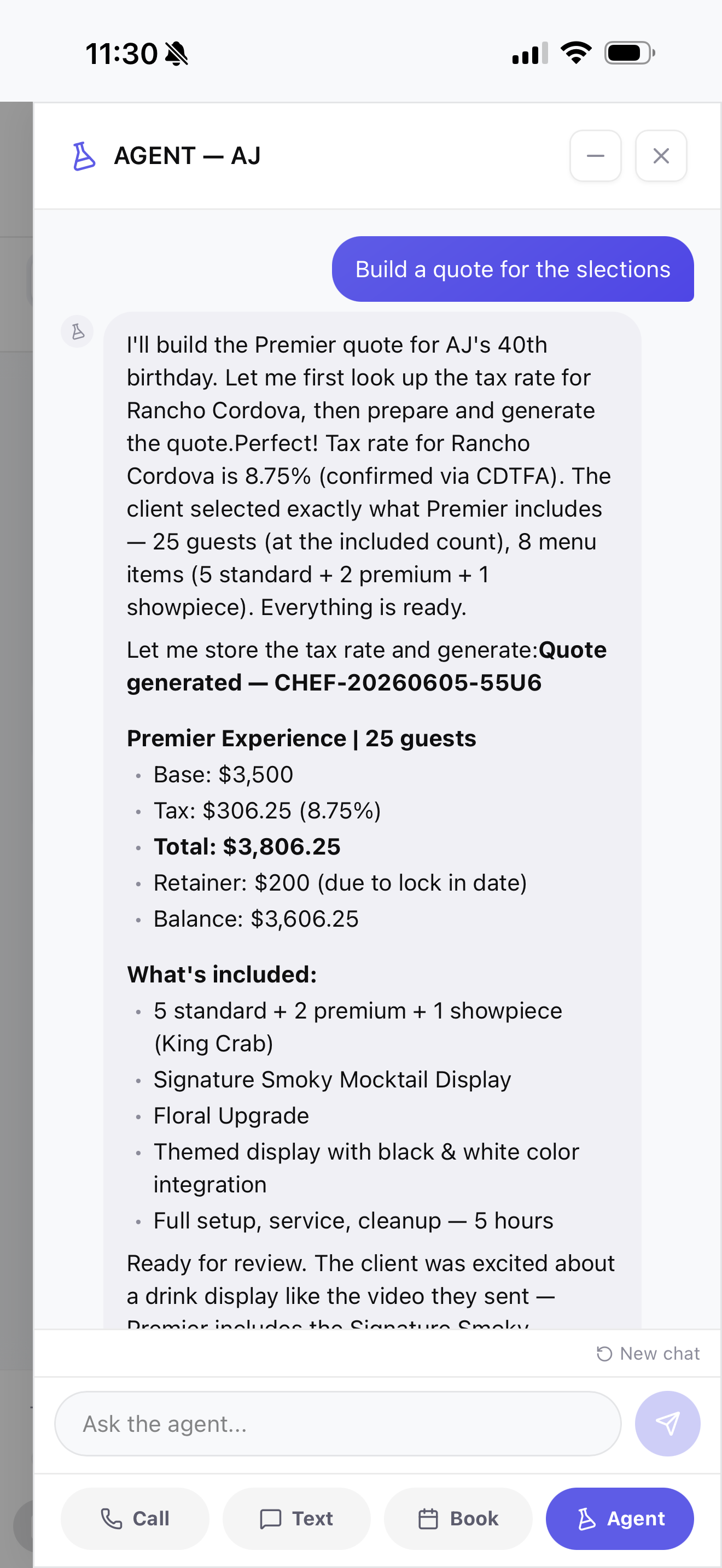 A plain-English note becoming a structured, itemized private-chef quote.