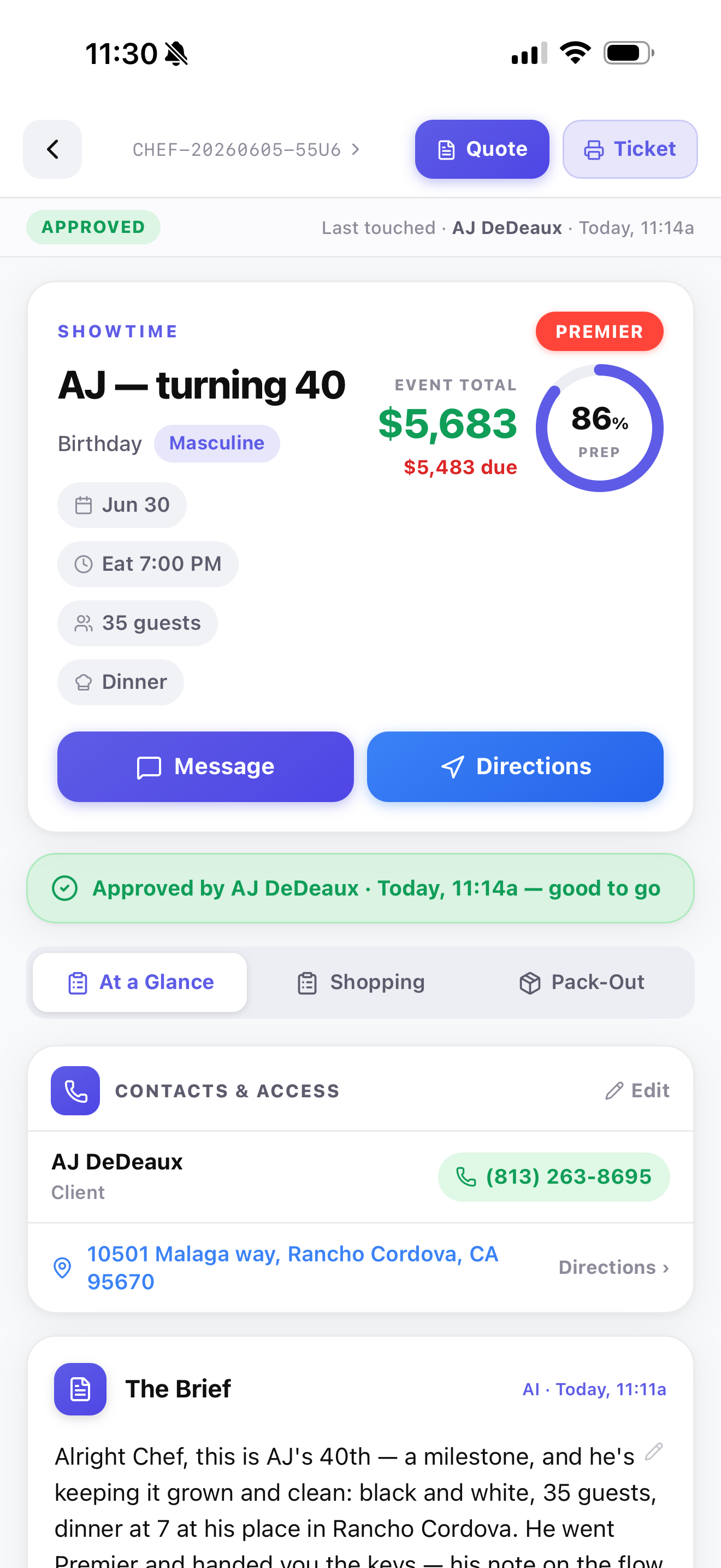 A paid event locked and ready for delivery, with menu, timing, and balance attached.