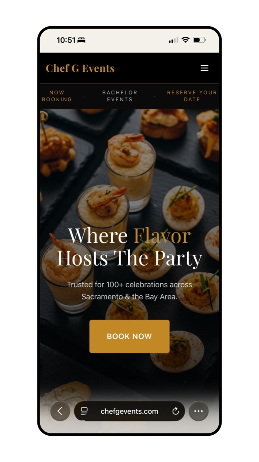 Chef G branded booking site shown on a phone
