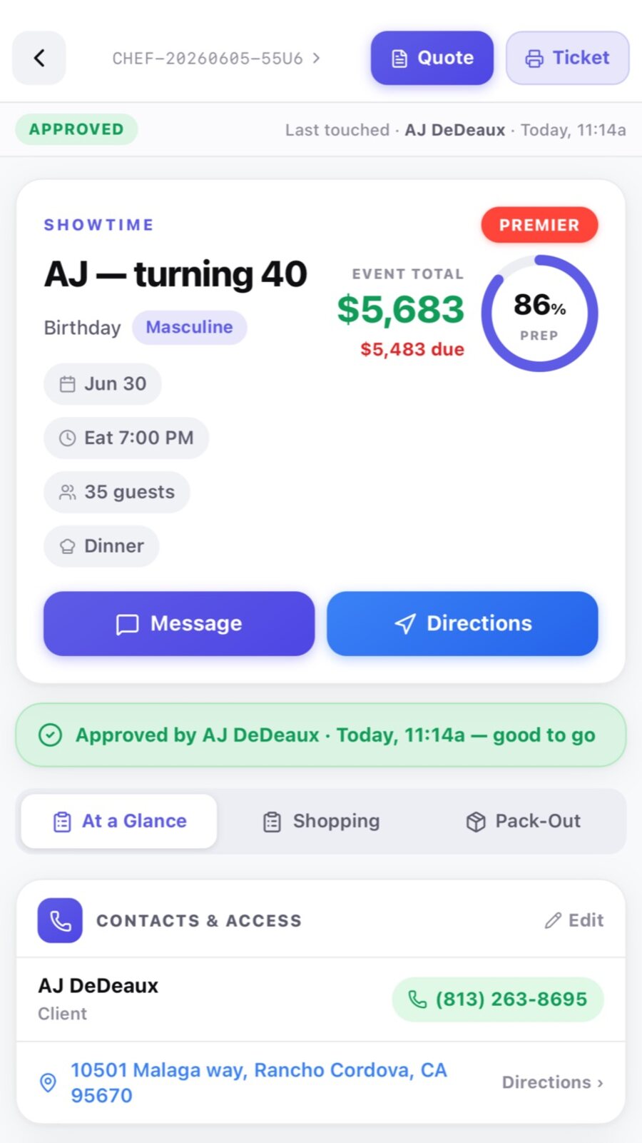Event command screen with quote, prep status, and client details