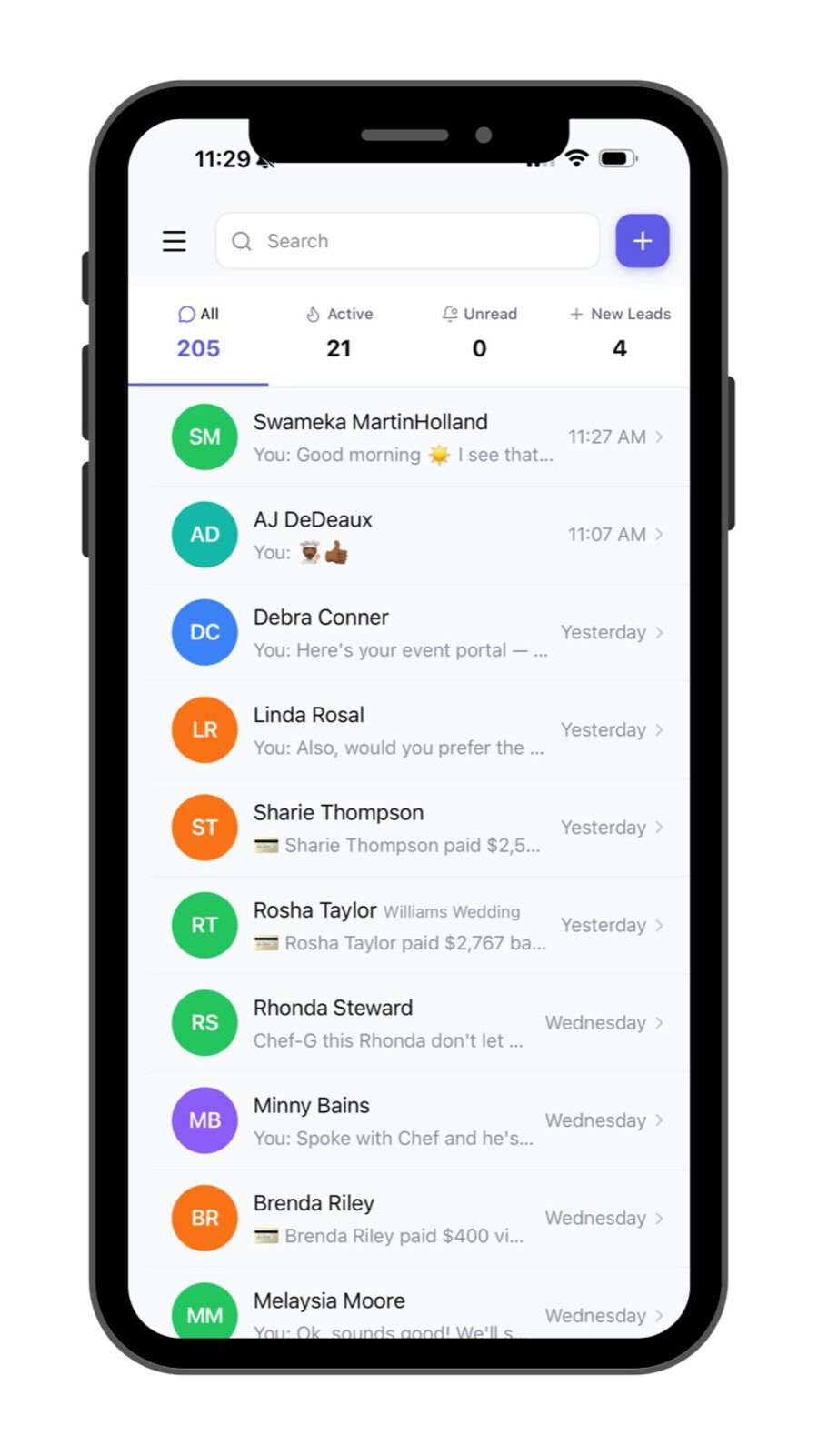 Lead inbox organized for a private chef business