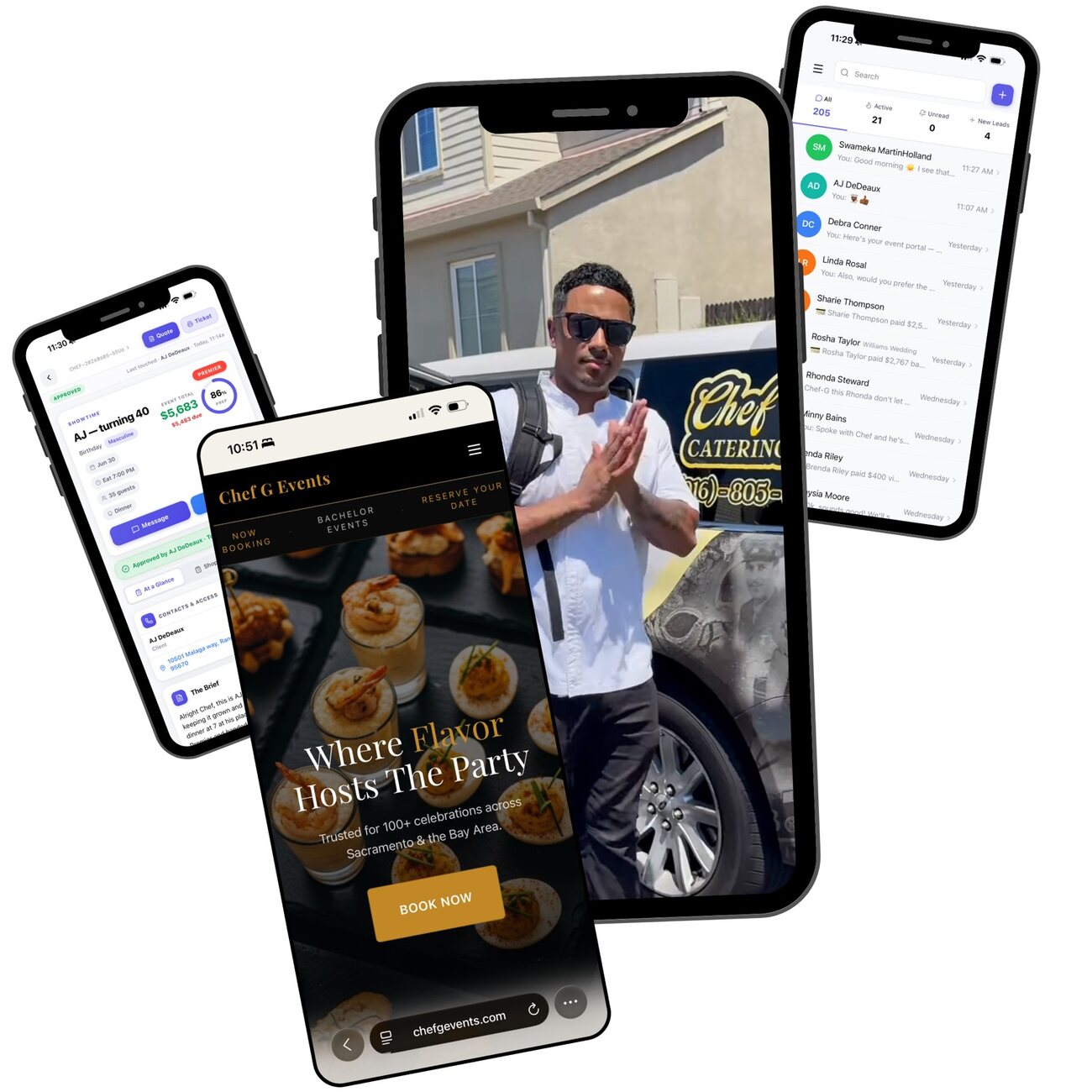 Chef G booking system shown across branded website, inbox, and event command screens